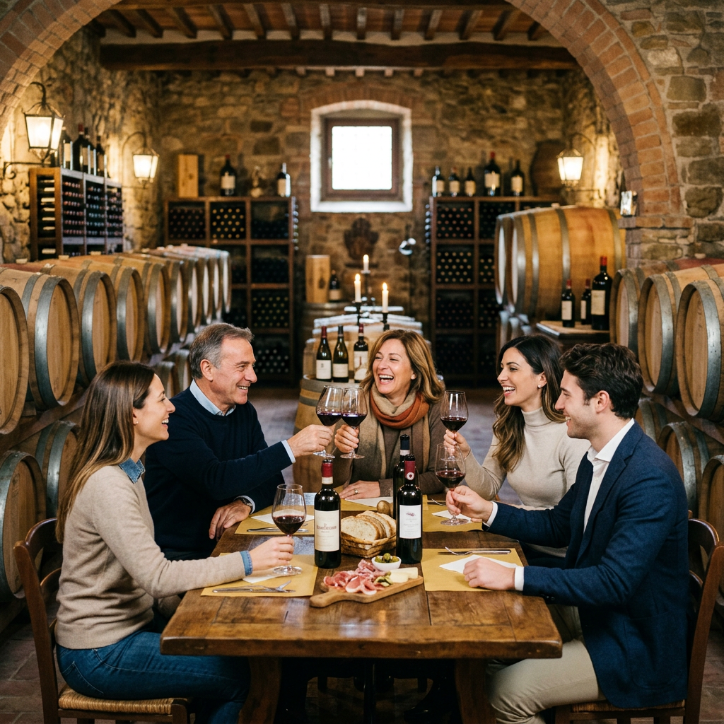Five people toasting with red wine glasses around a wooden table in a wine cellar