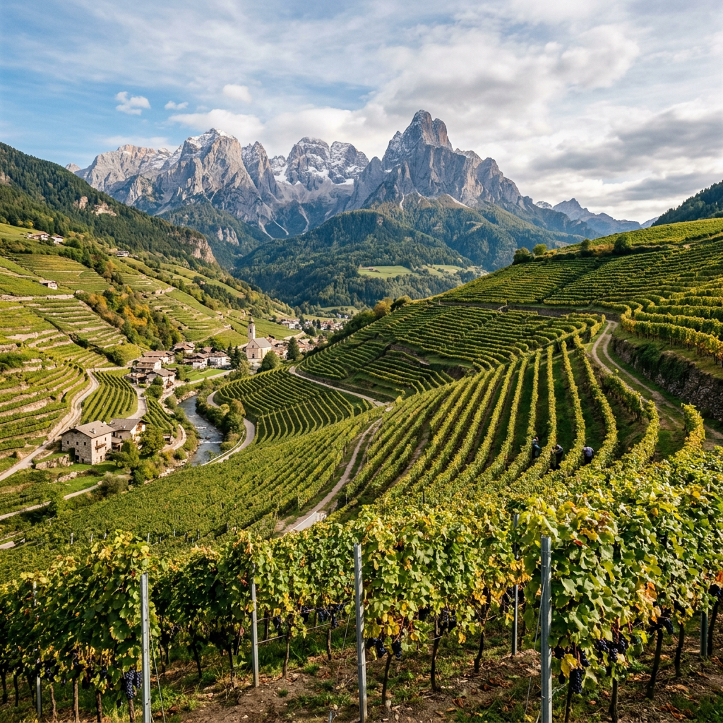 Terraced vineyard on green hills with rocky mountain peaks under cloudy sky