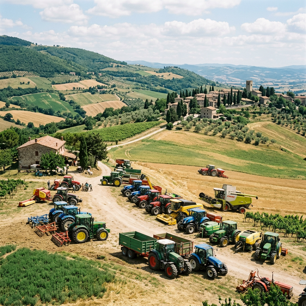 Multiple tractors and farming implements parked along a dirt path in a green hilly countryside