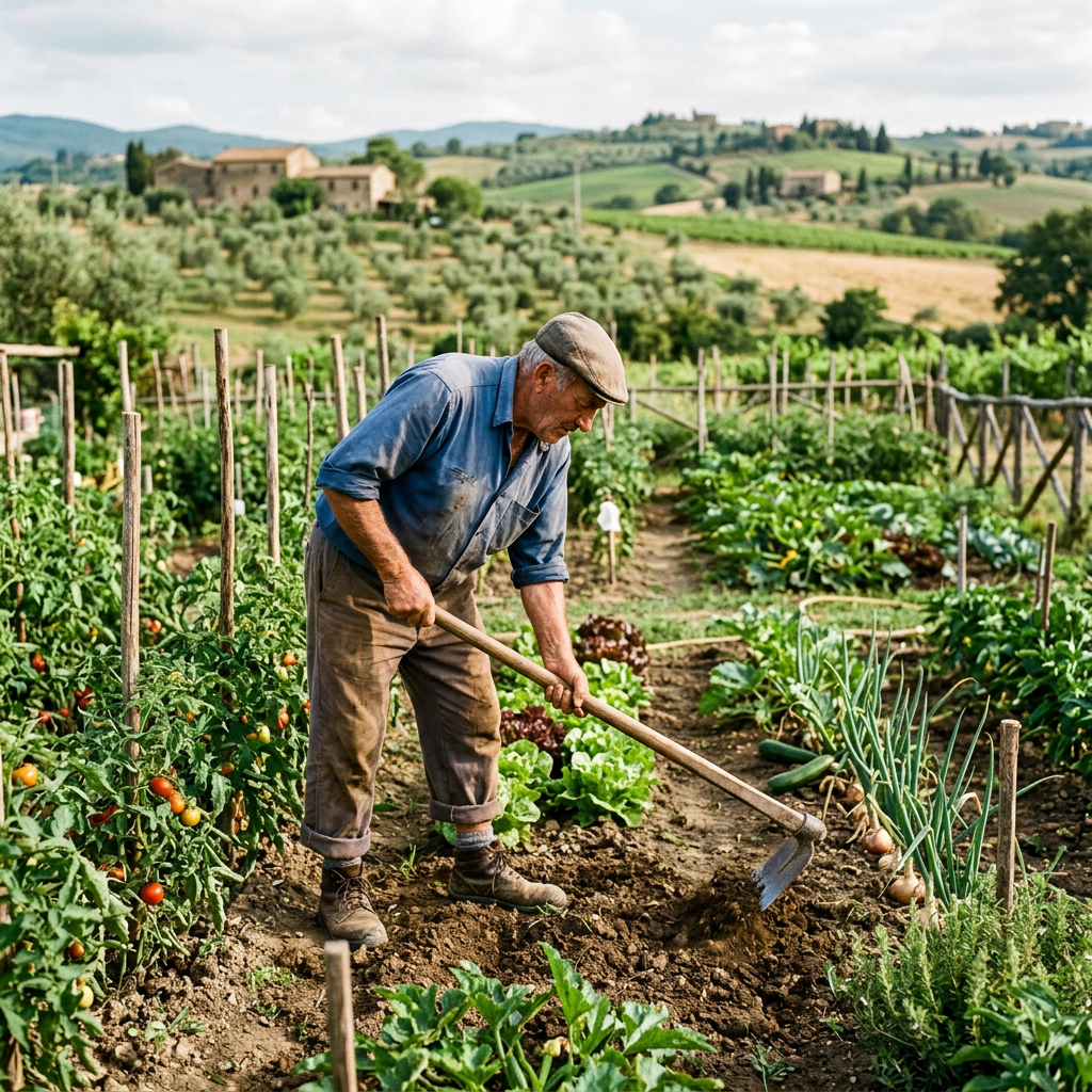 Older man using a hoe to cultivate soil in a vegetable garden with tomato plants and other vegetables.