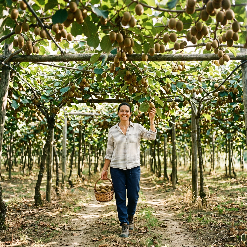 Woman picking kiwis in a kiwi orchard holding a basket with kiwis
