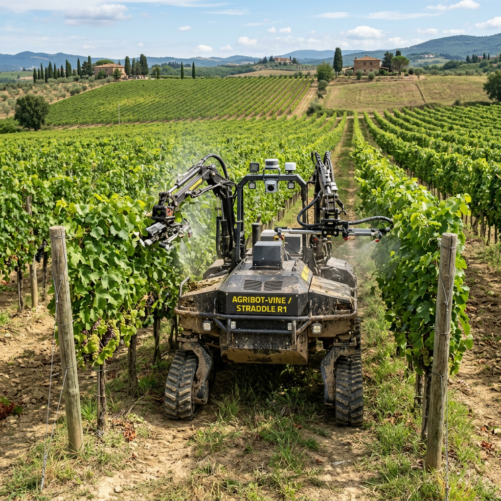 AGRIBOT-VINE Straddle R1 robot spraying grapevines in a vineyard