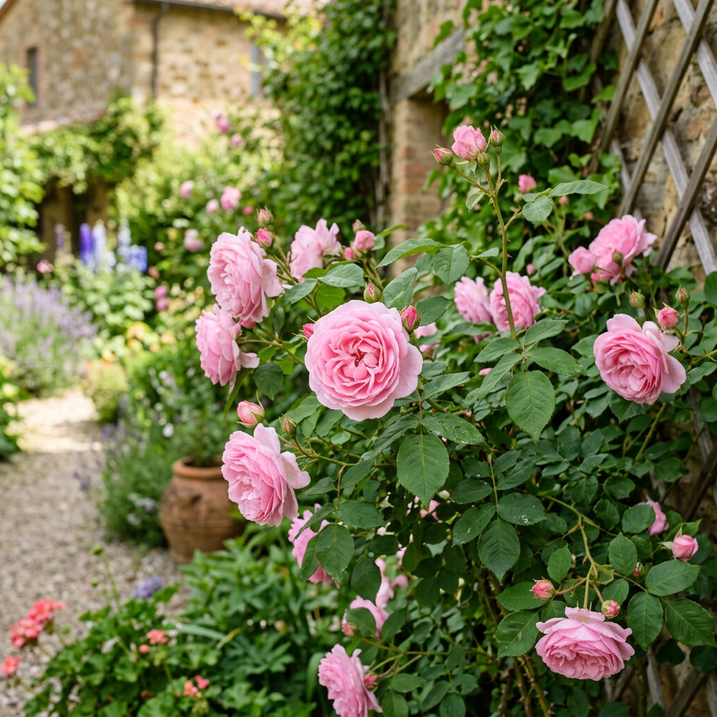 Pink climbing roses on a garden trellis with lush greenery and cottage background