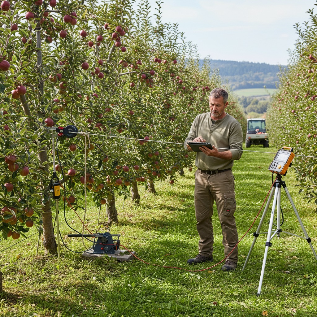 Un agronomo che fa analisi di stabilità degli alberi tramite prove di trazione